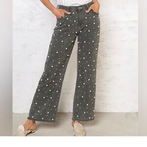 POL Gray Pearl Embellished Flare Jeans